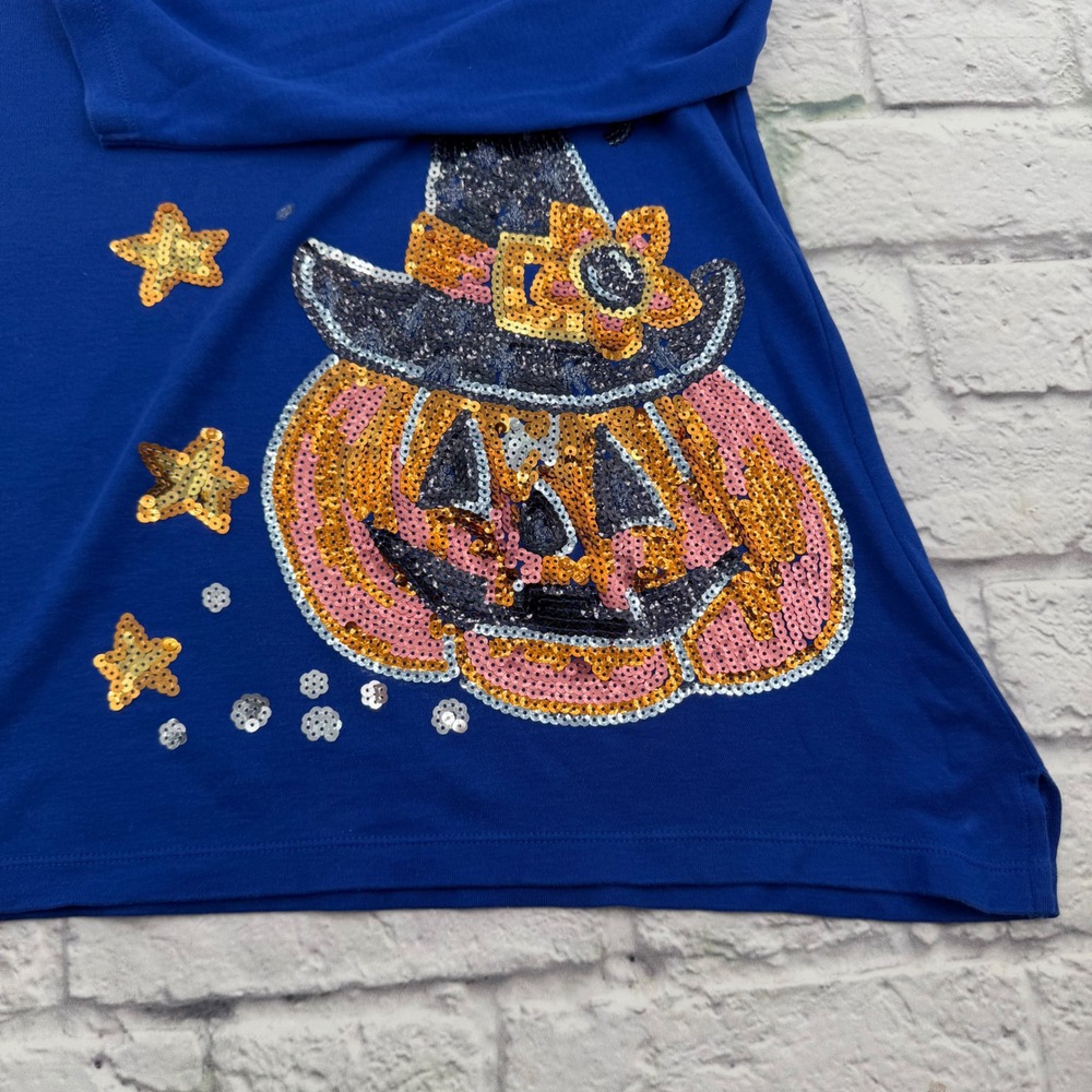 Quacker Factory Women's XL Halloween Sequin Pumpkin Blue Long Sleeve Shirt - Picture 3 of 7